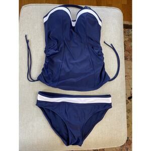 Panache 32 DD Med Swimsuit Bikini Navy Blue White Classic Underwire Support Swim
